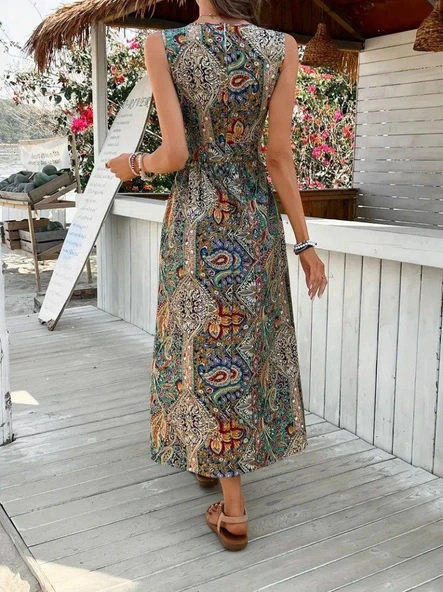 Kadın Kolsuz V Yakalı Desenli Süprem Tulum Elbise - Resim 5