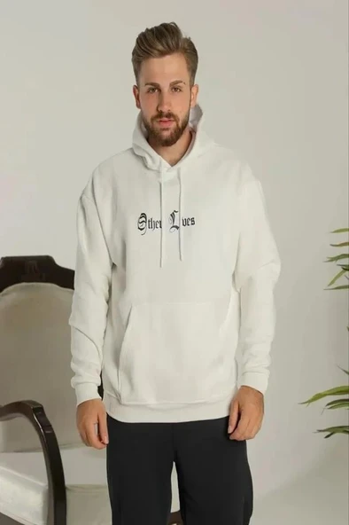 Erkek Sırt Baskılı Oversize Üç İplik Kapüşonlu Sweatshirt - Beyaz - Resim 2