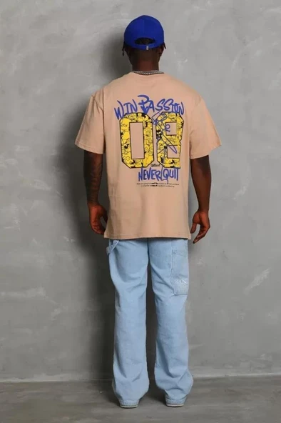 Unisex Oversize Baskılı Bisiklet Yaka T-Shirt - Bej - Resim 3