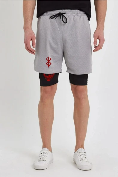 Unisex Baskılı İç Cepli Sporcu Alt Taytlı Şort - Gri - Resim 3