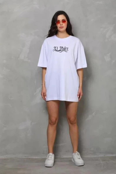 Unisex Bisiklet Yaka Baskılı Oversize T-Shirt - Beyaz - Resim 4