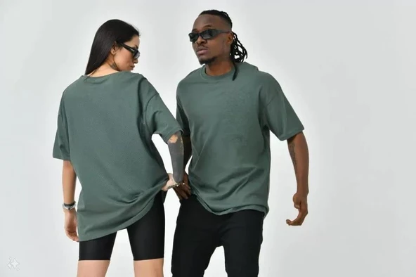 Unisex Basic Bisiklet Yaka Oversize T-Shirt - Haki ürün görseli