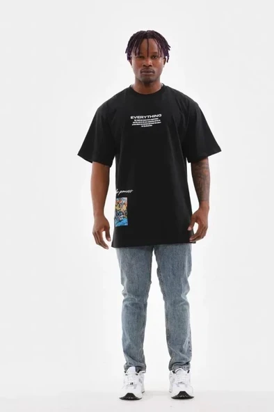 Unisex Bisiklet Yaka Baskılı Oversize T-Shirt - Siyah - Resim 4