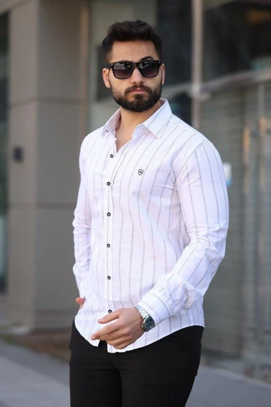 Erkek Pamuklu Çizgi Desenli Gömlek ürün görseli