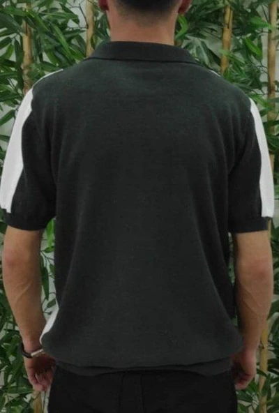 Erkek Kısa Kollu Polo Yakalı Blok Desenli Triko Bluz - Resim 6