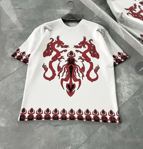 Unisex Bisiklet Yaka Baskılı Oversize T-Shirt - Beyaz ürün görseli