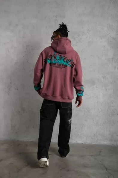 Erkek Üç İplik Içi Pamuklu Alev Baskılı Kapüşonlu Sweatshirt - Gül Kurusu - Resim 2