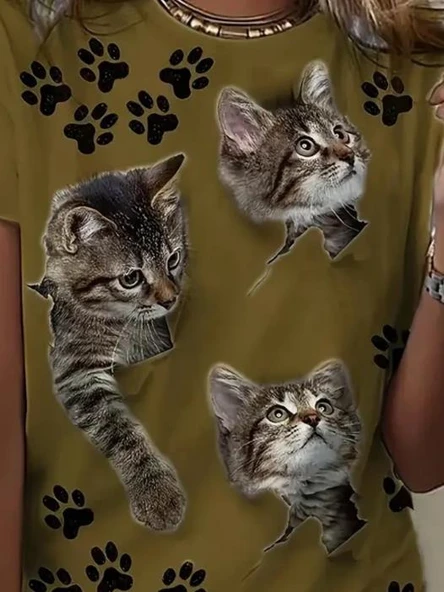 Kadın Kısa Kollu Kedi Ve Pati Baskılı Süprem T-shirt - Resim 2