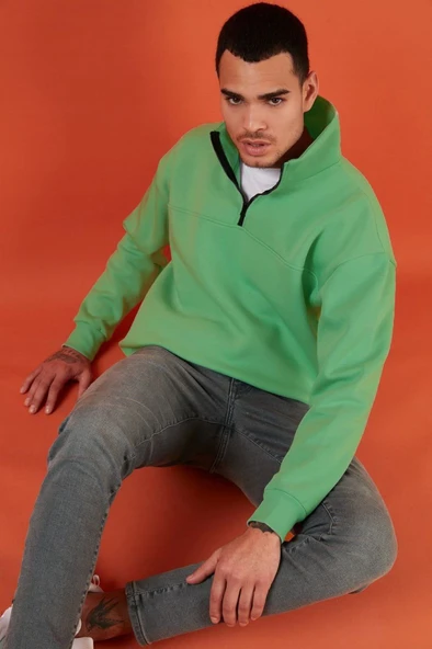 Oversize Yarım Farmuarlı Yakalı Basic SweatShirt - Yeşil - Resim 4