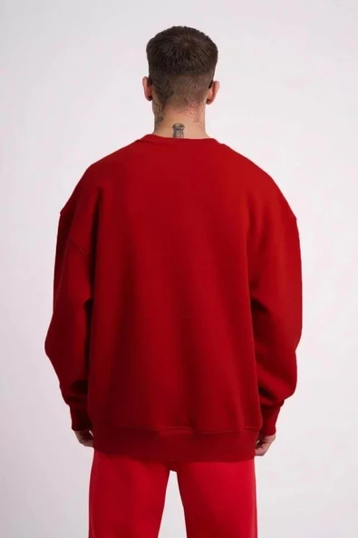 Unisex Biskilet Yaka Üç İplik SweatShirt - Kırmızı - Resim 2