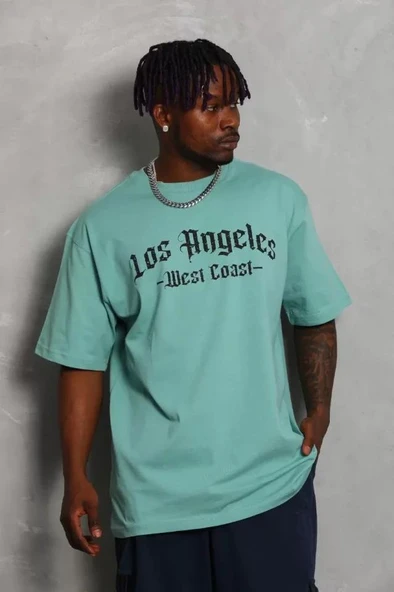 Unisex Oversize Baskılı Bisiklet Yaka T-Shirt - Mint Yeşili - Resim 3