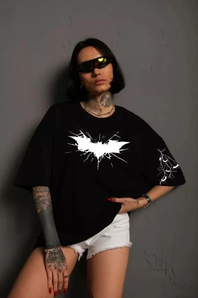 Unisex Ön Ve Kol Baskılı Oversize T-shirt - Siyah ürün görseli