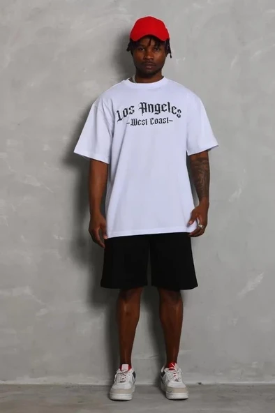 Unisex Oversize Baskılı Bisiklet Yaka T-Shirt - Beyaz - Resim 3