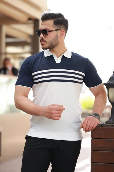 Erkek çizgi Desenli Yakalı Kısa Kollu T-shirt ürün görseli