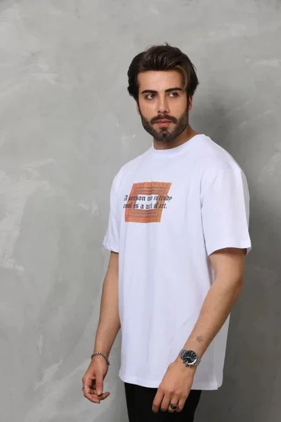 Unisex Bisiklet Yaka Baskılı Oversize T-Shirt - Beyaz ürün görseli
