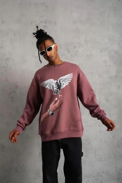 Erkek Güvercin Baskılı Sweatshirt - Gül Kurusu - Resim 4