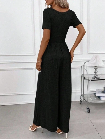 Kadın Kısa Kollu Yuvarlak Yaka Geniş Paçalı Bürümcük Tulum - Resim 2