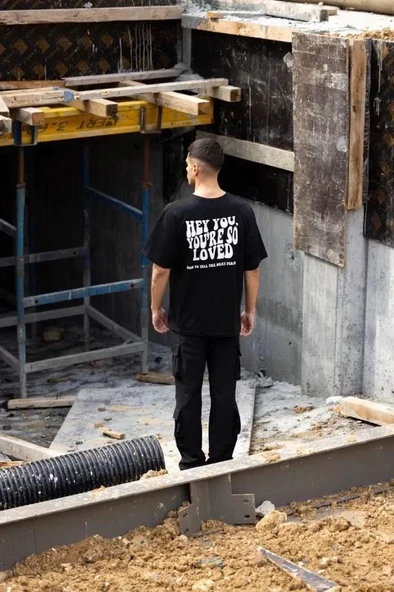 Unisex Bisiklet Yaka Baskılı Oversize T-Shirt - Siyah - Resim 4