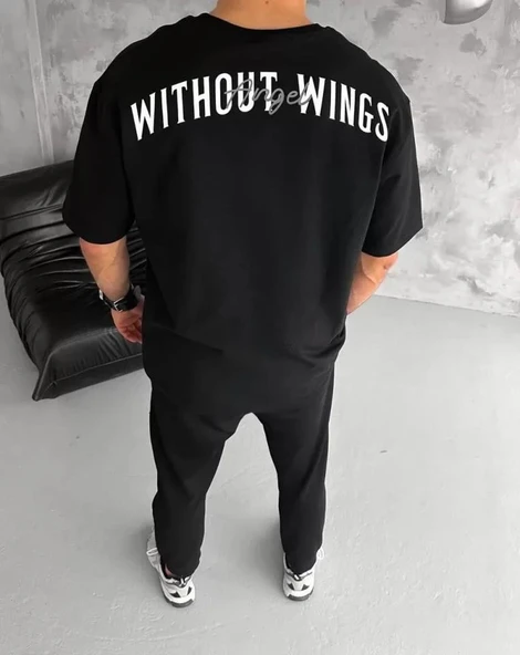 Unisex Bisiklet Yaka Baskılı Oversize T-Shirt - Siyah - Resim 3