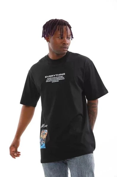 Unisex Bisiklet Yaka Baskılı Oversize T-Shirt - Siyah - Resim 2