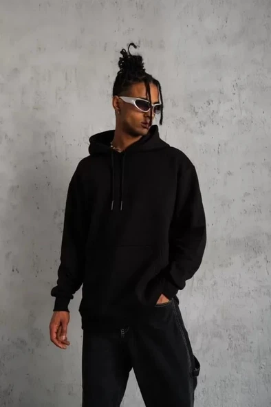 3 İplik Kapşonlu Sweatshirt Hoodie - Siyah - Resim 2