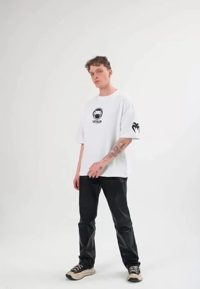 Unisex Bisiklet Yaka Baskılı Oversize T-Shirt - Beyaz ürün görseli