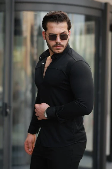 Erkek çıtçıt Düğmeli Dikiş Detaylı Uzun Kollu Gömlek - Resim 2