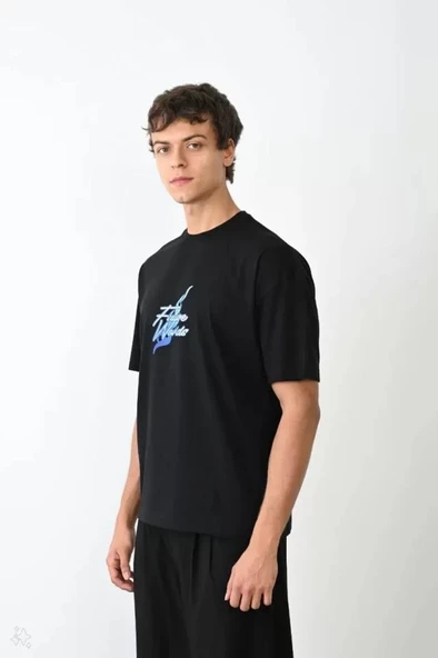 Unisex Bisiklet Yaka Baskılı Oversize T-Shirt - Siyah - 3
