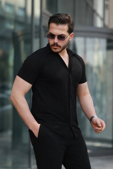 Erkek Kısa Kollu örme Kumaş Pamuklu Gömlek - Resim 2