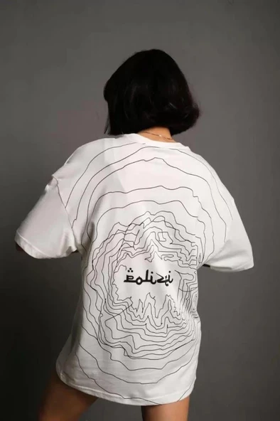 Bisiklet Yakalı Sırt Baskılı Oversize T-Shirt - Beyaz ürün görseli