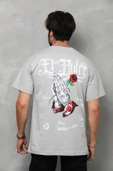 Unisex Bisiklet Yaka Baskılı Oversize T-Shirt - Gri - Resim 3