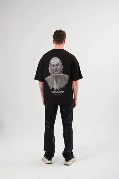 Unisex Bisiklet Yaka Baskılı Oversize T-Shirt - Siyah - Resim 3