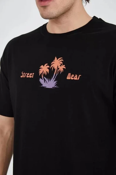 Erkek Ön Ve Arka Baskılı T-Shirt - Siyah - Resim 4