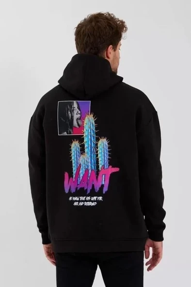 Erkek Baskılı Üç İplik Kapüşonlu Oversize Sweatshirt - Siyah ürün görseli