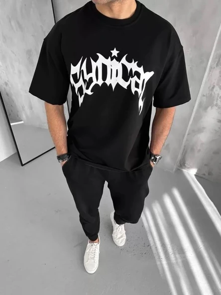 Unisex Bisiklet Yaka Baskılı Oversize T-Shirt - Siyah ürün görseli