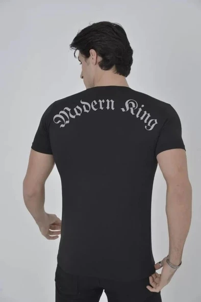 Unisex Göğüs File Aksesuarlı T-shirt - Siyah - Resim 2