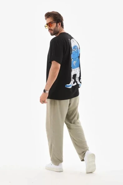 Unisex Bisiklet Yaka Baskılı Oversize T-Shirt - Siyah - Resim 3