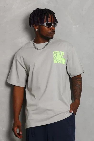 Unisex Oversize Baskılı Bisiklet Yaka T-Shirt - Gri ürün görseli