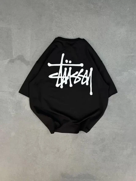 Unisex Bisiklet Yaka Baskılı Oversize T-Shirt - Siyah - Resim 2