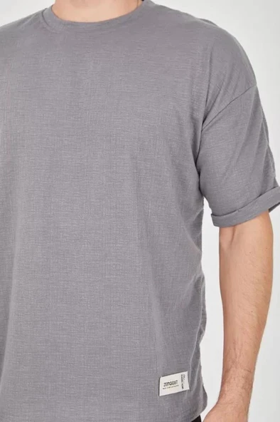 Unisex Jakar Kumaş Rahat Kol T-Shirt - Gri - Resim 2