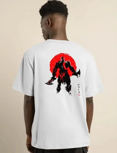Unisex Bisiklet Yaka Baskılı Oversize T-Shirt - Beyaz - 2