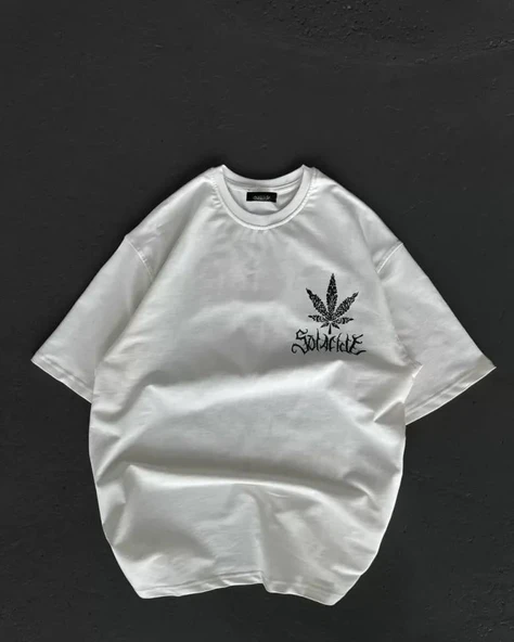 Unisex Bisiklet Yaka Baskılı Oversize T-Shirt - Beyaz ürün görseli