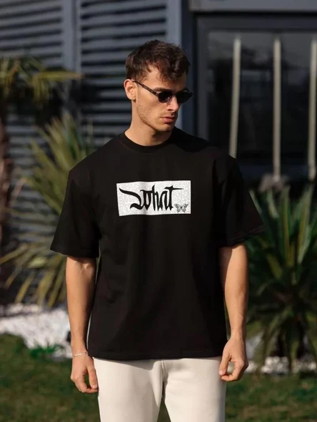 Unisex Bisiklet Yaka Baskılı Oversize T-Shirt - Siyah ürün görseli