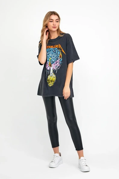 Snow Basic Iskelet Baskılı Yıkamalı Antrasit Rengi Oversize Kadın T-shirt - 2