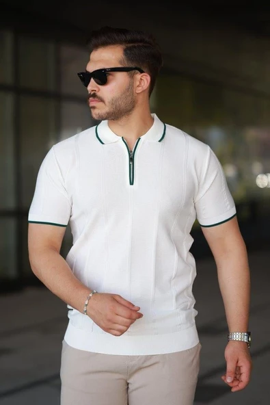 Erkek Dikey Kabartmalı Örgü Dokulu Fermuar Yakalı Tişört ürün görseli