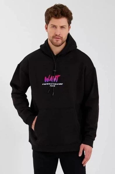 Erkek Baskılı Üç İplik Kapüşonlu Oversize Sweatshirt - Siyah - Resim 2