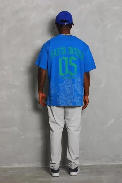 Unisex Oversize Baskılı Bisiklet Yaka T-Shirt - Mavi - Resim 4