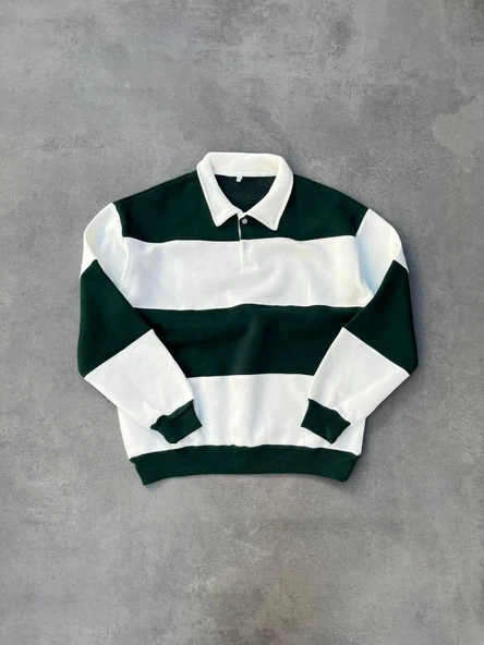 Unisex Üç İplik Parçalı Yakalı SweatShirt - Yeşil - Resim 2