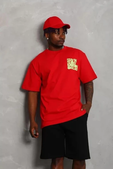 Unisex Oversize Baskılı Bisiklet Yaka T-Shirt - Kırmızı ürün görseli