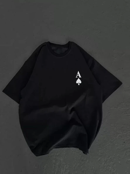 Unisex Bisiklet Yaka Baskılı Oversize T-Shirt - Siyah ürün görseli